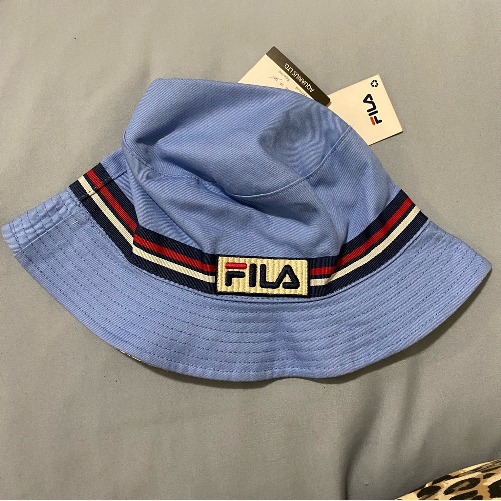 NWT Fila Light Blue Bucket Hat with Red, Navy & White Stripe Patch